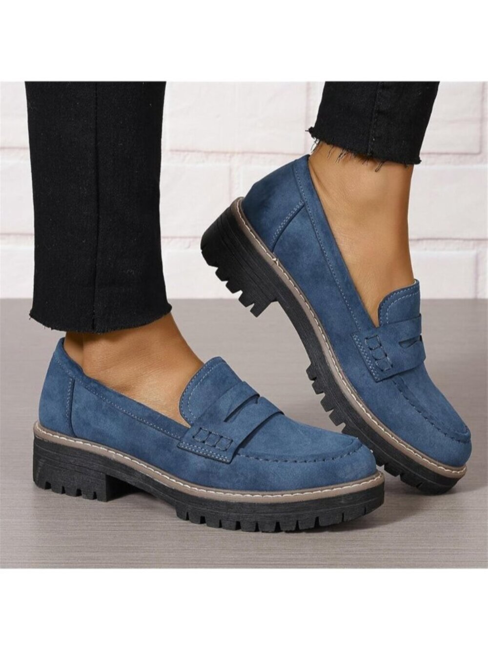 Womens Navy Suede Lug Sole Slip On Business Chunky Platform Penny Loafers Shoes - Picture 5 of 5